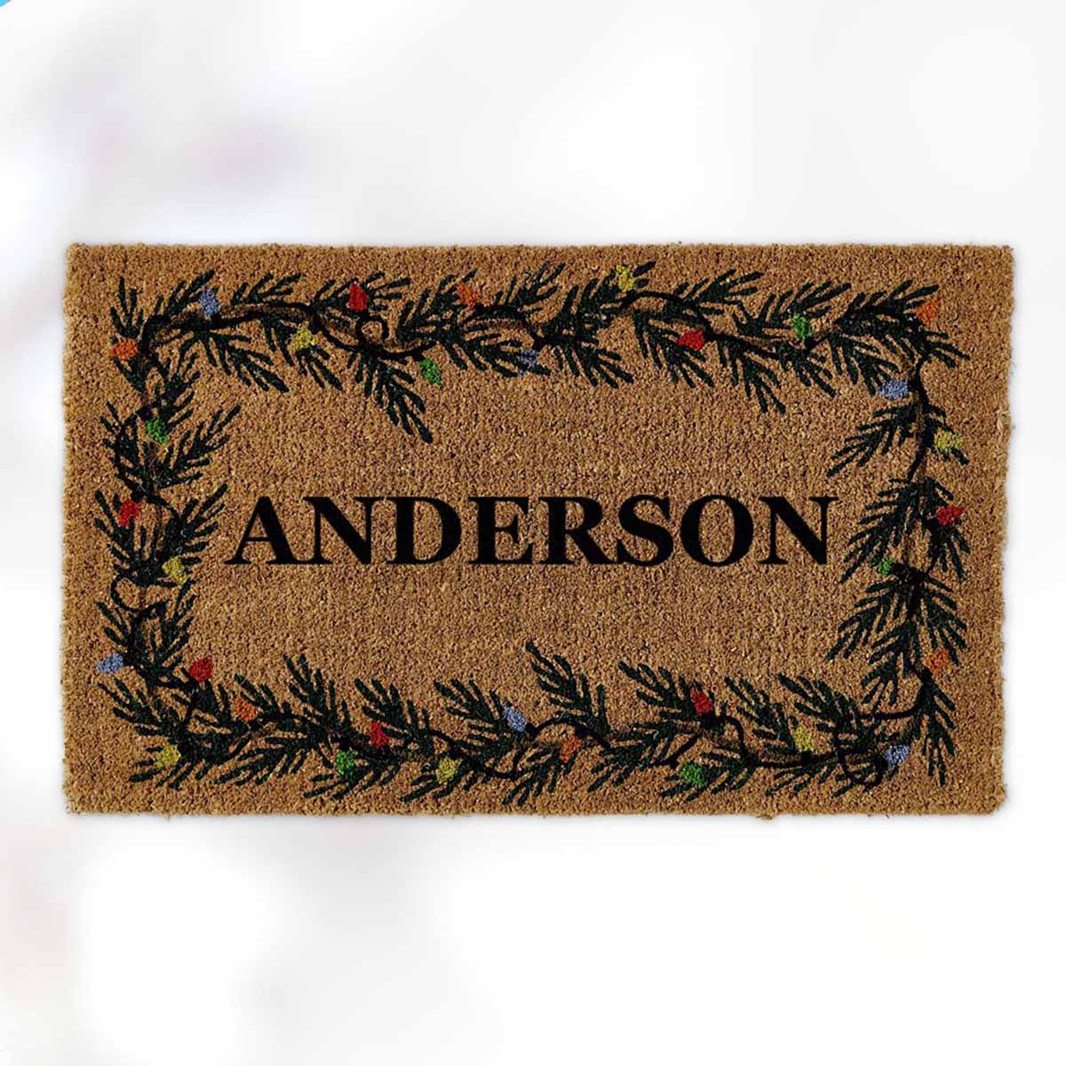 Williams Sonoma Personalized Evergreen Garland Doormat holiday doormats