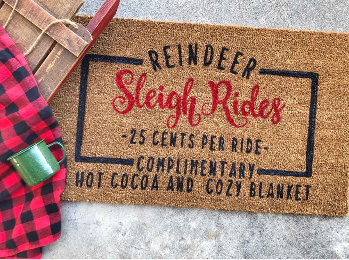 hayilybeedesigns Sleigh Rides & Reindeer Christmas Doormat etsy holiday doormats