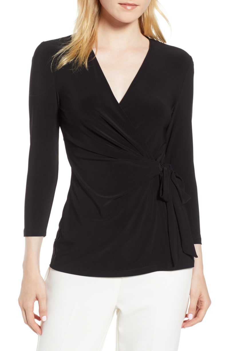 ANNE KLEIN Faux Wrap JerseyTop Black wrap tops drape front tops spring