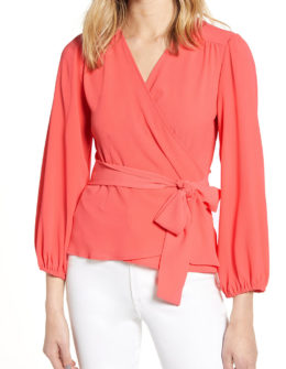 CHELSEA28 Wrap Top Coral Sugar wrap tops drape front tops spring