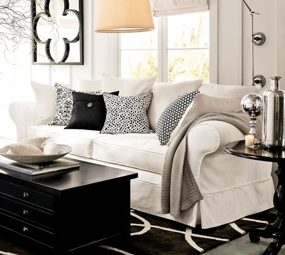 Pottery Barn CHARLESTON SLIPCOVERED GRAND SOFA 96", POLYESTER WRAPPED CUSHIONS, TWILL WHITE white slipcovered sofas