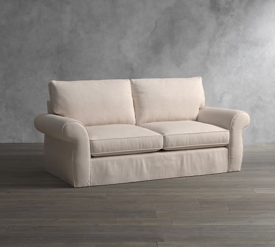 Pottery Barn PEARCE ROLL ARM SLIPCOVERED SOFA white slipcovered sofas