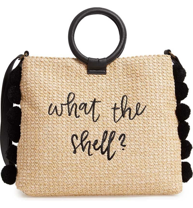 T-SHIRT & JEANS Pompom Trim Embroidered Straw Tote Natural Black statement worthy straw bags