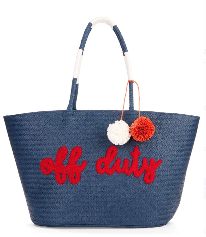 Time & Tru Navy "Off-Duty" Large Straw Tote statement worthy straw bags pom poms blue white red