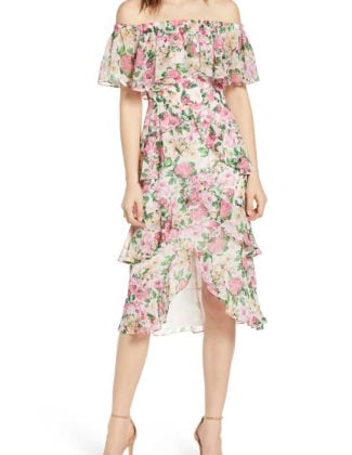 WAYF Off the Shoulder Midi Dress Ivory PInk Rose Print floral print derby dresses kentucky derby