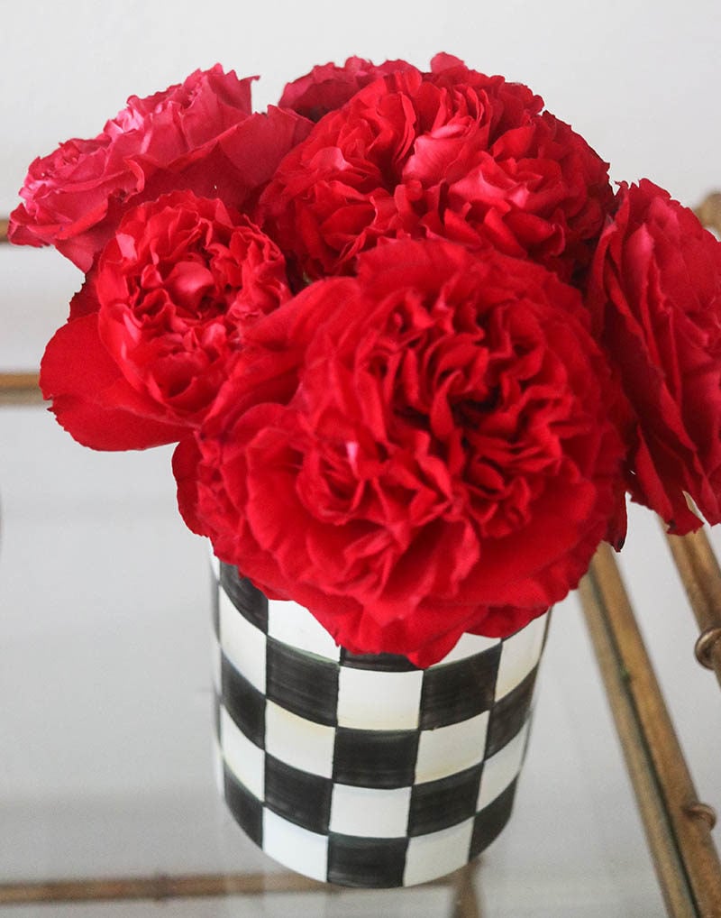 Lifestyle expert, blogger and flower farmer Candie Anderson has the scoop on her gorgeous red traviata garden roses and black and white Mackenzie-Childs courtly check vase! They're perfect for the 14th Kentucky Derby. 