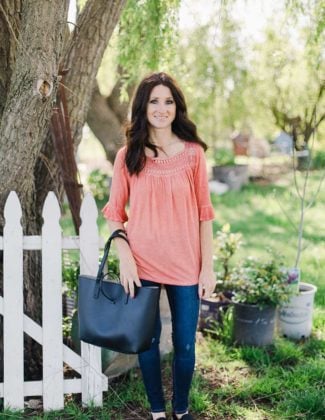 Style blogger Candie Anderson is wearing a Como Blu Women's Frill Sleeve Peasant Top from Walmart Fashion We Dress America.