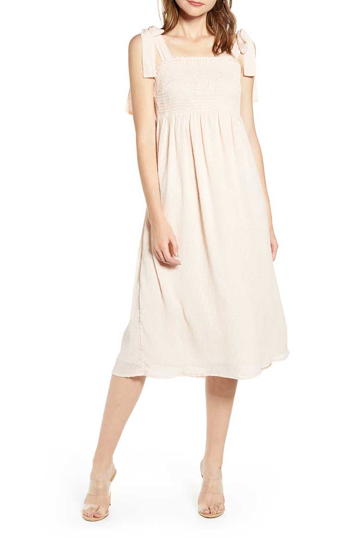 ENGLISH FACTORY Smocked Swiss Dot Midi Dress Blush Pink casual dresses summer 2019