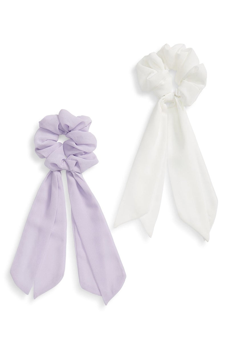 Tasha 2-Pack Solid Tail Scrunchie Set Lavender White bow scrunchies