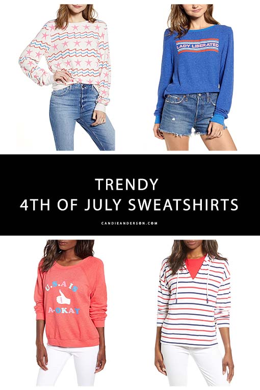 Style expert and fashion blogger, Candie Anderson of the blog Candieanderson.com has the scoop on 15 trendy 4th of July sweatshirts that are perfect for women of all ages!