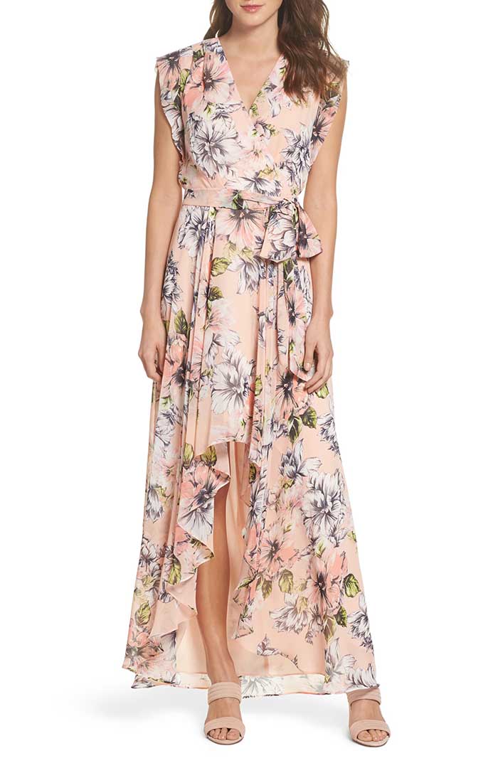 ELIZA J Floral Ruffle High/Low Maxi Dress Blush Pink summer wedding guests maxi dresses 
