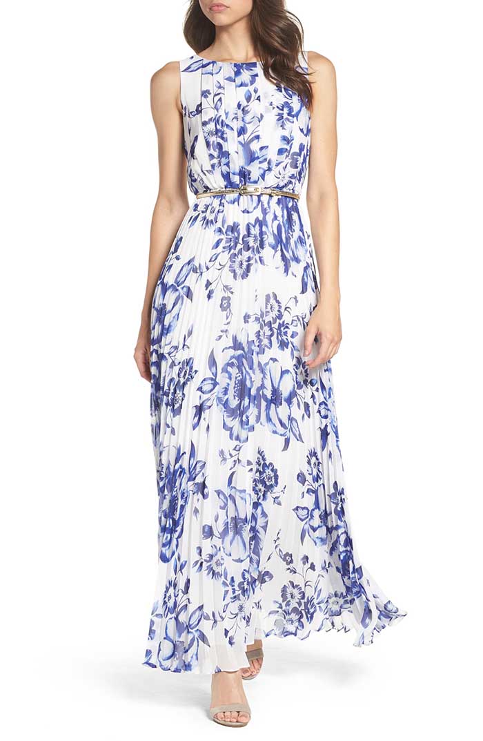 ELIZA J Pleated Floral Chiffon Maxi Dress White Cobalt Blue maxi dresses summer 2019