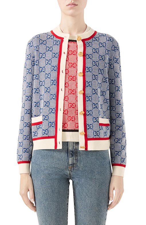 Gucci GG Logo Jacquard Cardigan Blue Ivory Multicolor Red 4th of july sweatshirts women