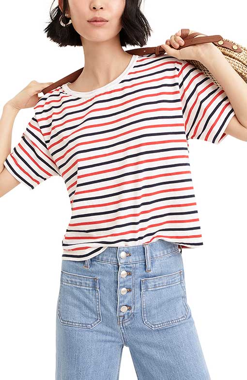 J.CREW Multi Stripe Crop Tee Germain Stripe Ivory Red Navy Blue 4th of july shirts women 2019