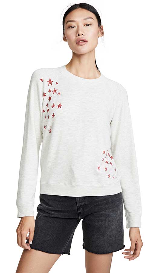 MONROW Supersoft Vintage Raglan Pullover with Faded Stars Ash with Red Stars 4th of july sweatshirts women