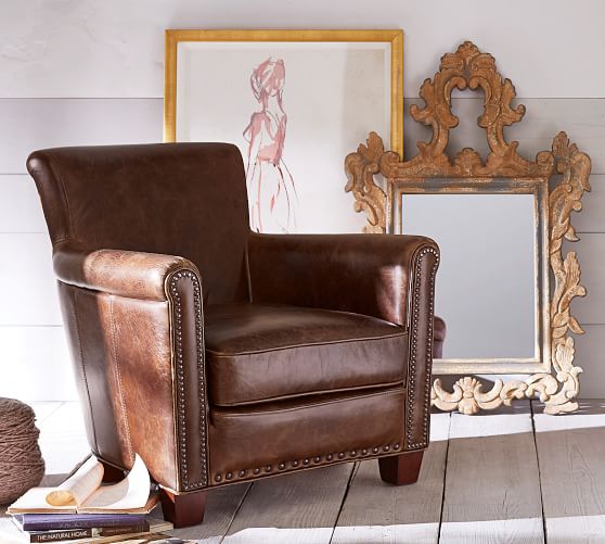 Pottery Barn IRVING ROLL ARM LEATHER ARMCHAIR WITH NAILHEADS pottery barn 4th of july mega sale