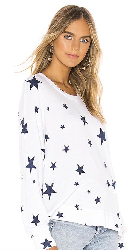 SUNDRY Star Hi Low Crewneck Pullover White Blue 4th of july sweatshirts women 2019