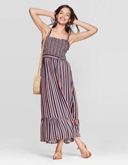 Universal Thread Women's Sleeveless Square Neck Stripe Shoulder-Tie Maxi Dress Blue 4th of july summer dresses