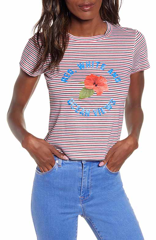 WILDFOX Ocean Views No.9 Graphic Tee Red White Ocean Views Blue Stripes fourth of july shirts women