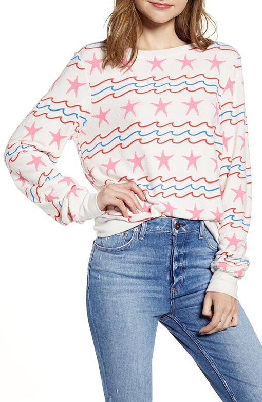 WILDFOX Sea Stars & Stripes Baggy Beach Pullover Vintage Lace Red White Blue Pink 4th of july sweatshirts women