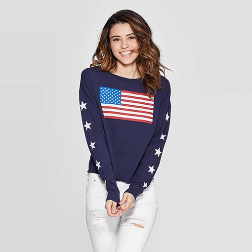 Women's Long Sleeve Flag Sweatshirt - Fifth Sun (Juniors') - Navy 4th of july sweatshirts women