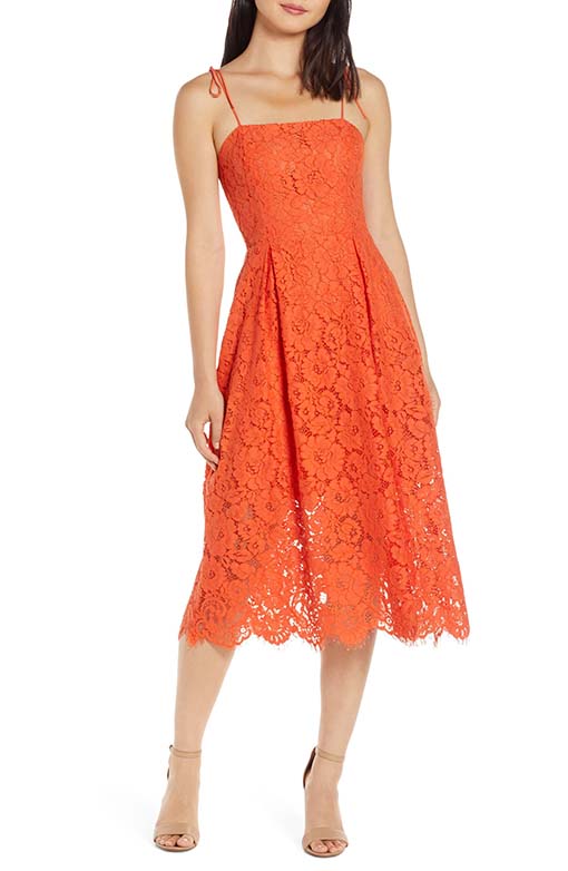 CHARLES HENRY Tie Strap Lace Midi Dress Tangerine Lace dresses summer fall