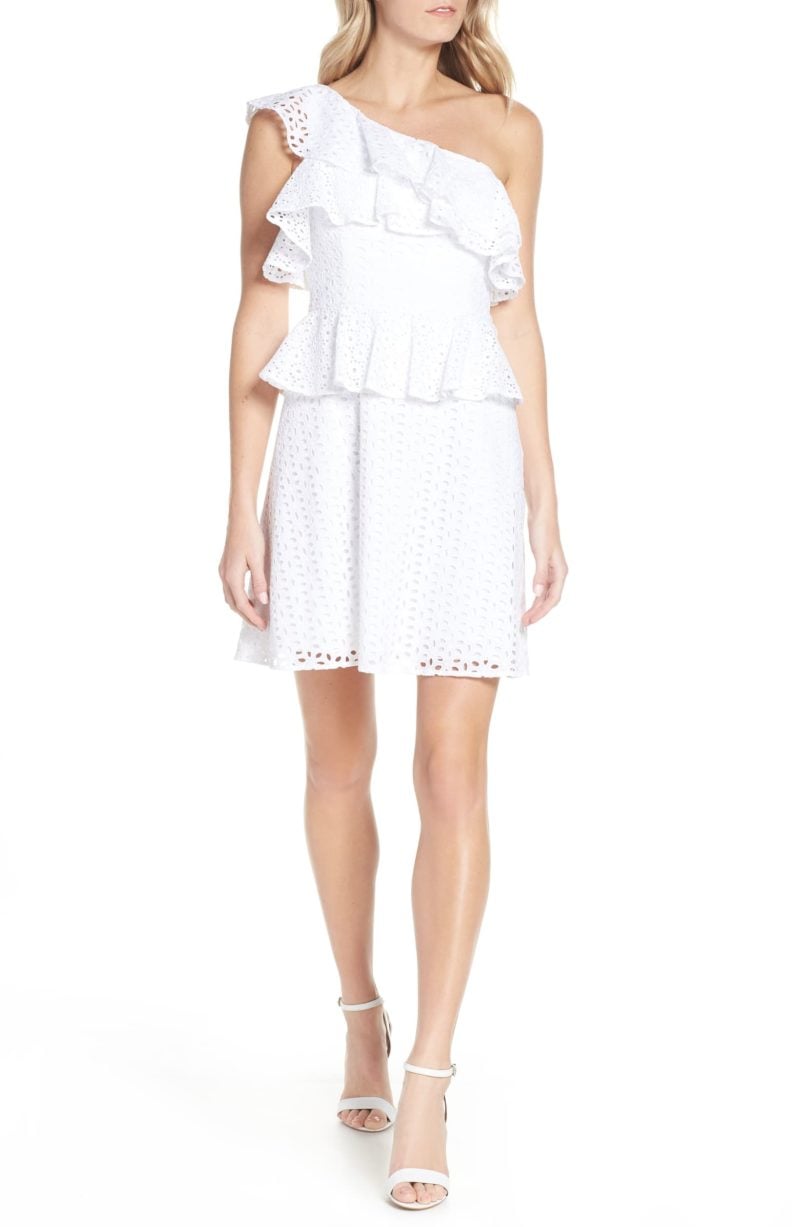 Lilly Pulitzer Josey Eyelet One-Shoulder Dress Resort White Oval Flower tiered one shoulder dresses summer 2019