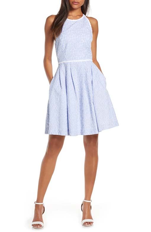 Lilly Pulitzer Tori Sleeveless Eyelet Fit & Flare Dress Crew Blue Tint Yarn Dye Stripe lace dresses summer 2019