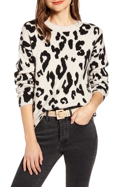 SOMETHING NAVY Leopard Crewneck Pullover Beige Oatmeal Leopard Print 2019 nordstrom anniversary sale