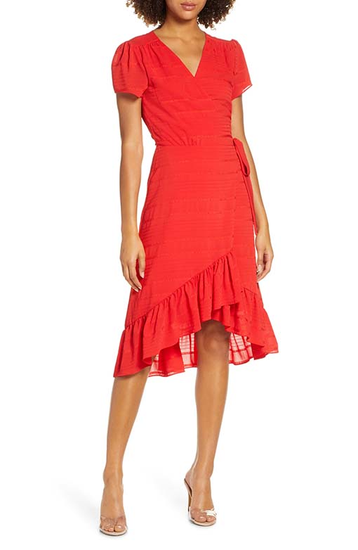 CHARLES HENRY Textured Stripe Chiffon Wrap Dress Red Textured Stripe puff sleeve dresses summer fall 2019