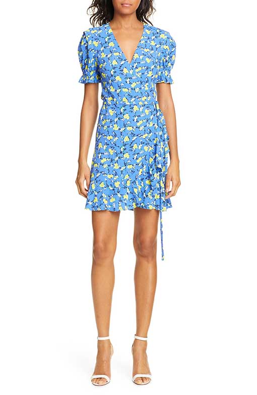 DVF Emilia Floral Short Sleeve Wrap Dress Ditsy Vines Baja Blue puff sleeve dresses