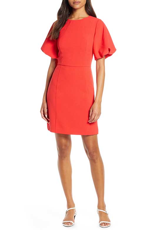 Eliza J Oversize Puff Sleeve Crepe Fit & Flare Dress Red puff sleeve dresses women