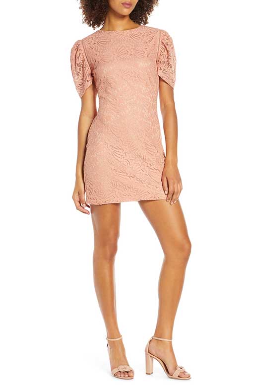 NSR Angelique Puff Sleeve Lace Minidress Blush Pink puff sleeve dresses summer fall wedding guest