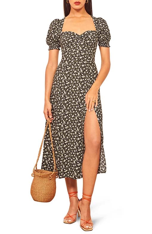 REFORMATION Lacey Smocked Sleeve Dress Cherie dark floral print puff sleeve dresses summer fall