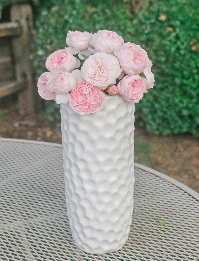 Lifestyle expert Candie Anderson shares her CosmoLiving honeycomb vase in white from Walmart. She filled it with light pink roses that are perfect for her coffee bar.