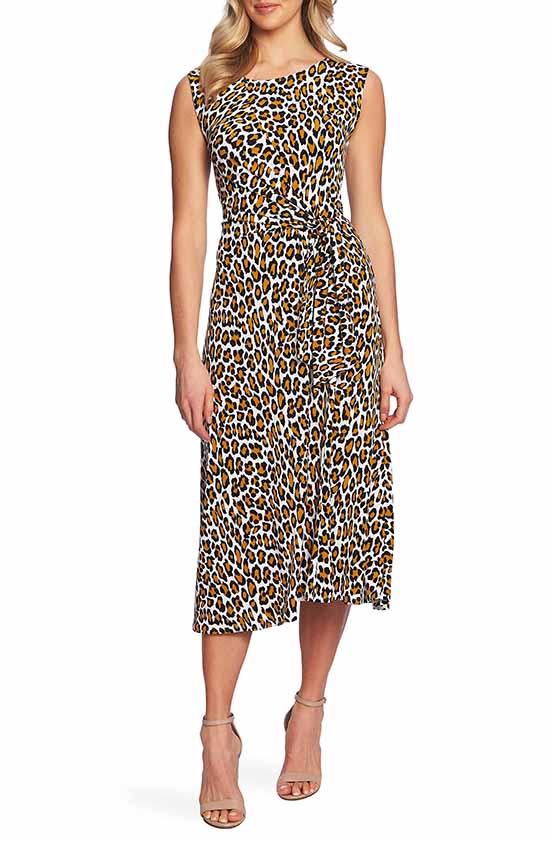 Chaus Wildcat Ruched Detail Sleeveless Midi Dress Antique White leopard print dresses