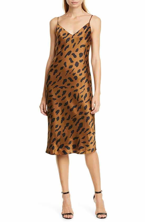 L'AGENCE Jodie Cheetah Print Silk Slipdress Camel Black Animal Print leopard print dresses