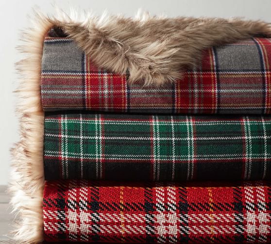 Pottery Barn NOTTINGHAM PLAID WITH FAUX FUR BACK THROW pottery barn fall sale