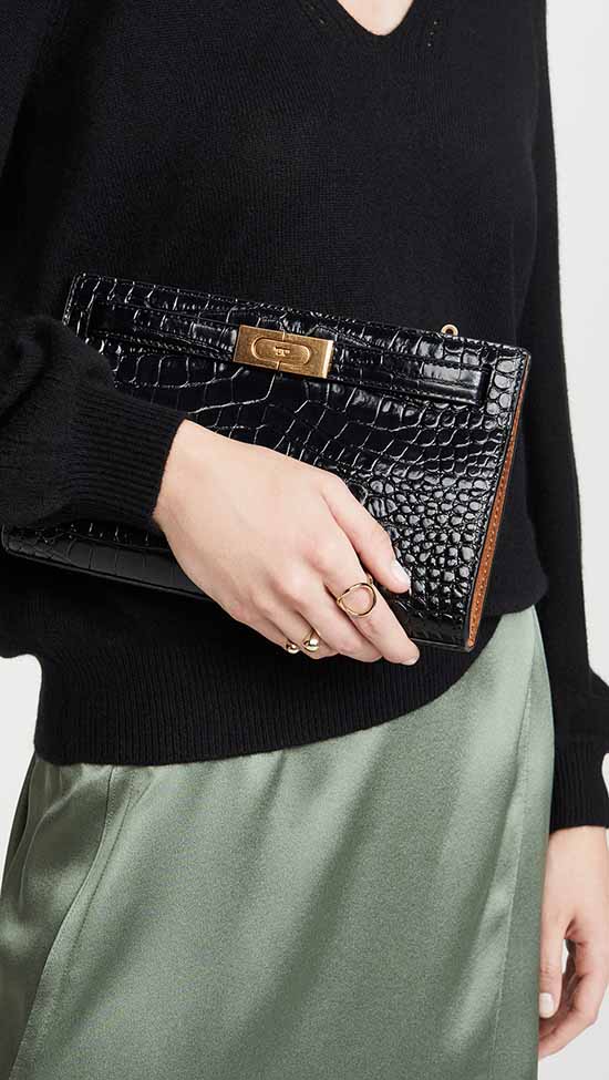 Tory Burch Lee Radziwill Embossed Clutch Black Croc Embossed snake print handbags