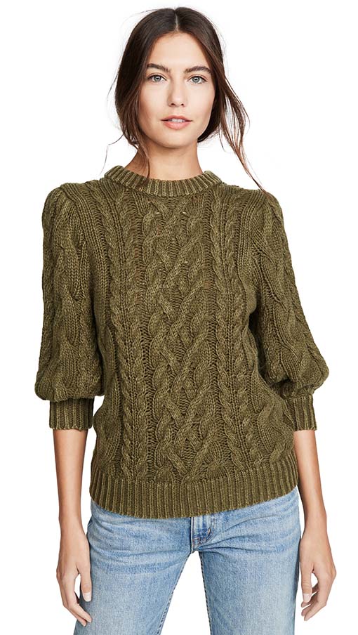 525 America Puff Sleeve Sweater Olive Green Melange cable knit balloon sleeves women sweaters