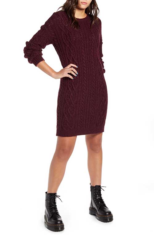 BP. Long Sleeve Cable Knit Sweater Dress Burgundy Stem fall dresses winter