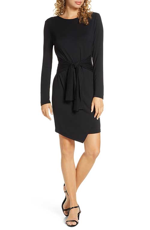 FRAICHE BY J BY J Long Sleeve Asymmetrical Hem Dress BLACK Black tie waist drape