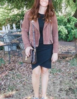 Fashion expert and style blogger, Candie Anderson of Candieanderson.com shares her favorite fall dresses including this fabulous Leith Ruched Body-Con Tank Dress. She paired it with a brown suede Moto jacket.