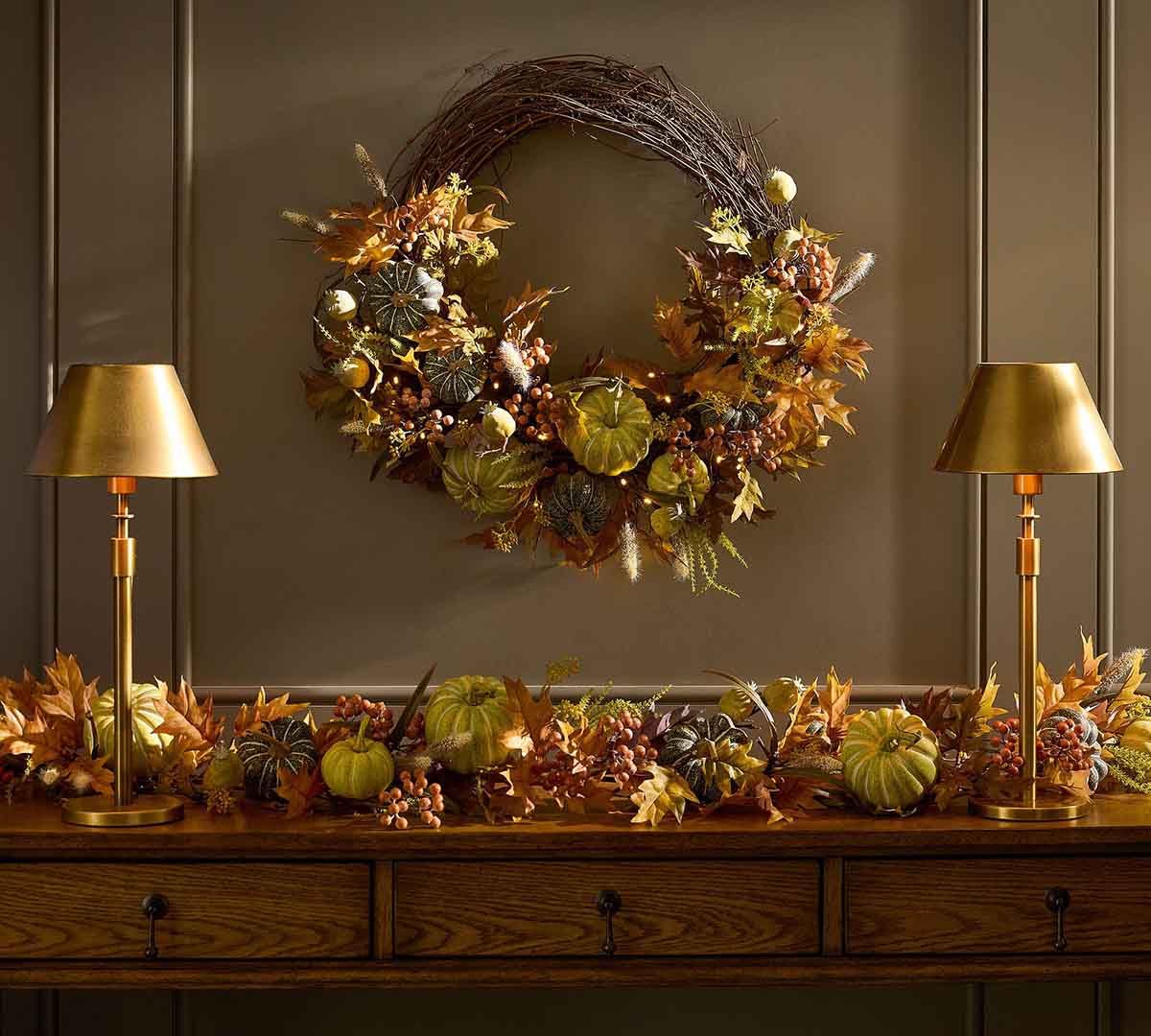 Pottery Barn Faux Lit Autumnal Wreath & Garland fall garlands best