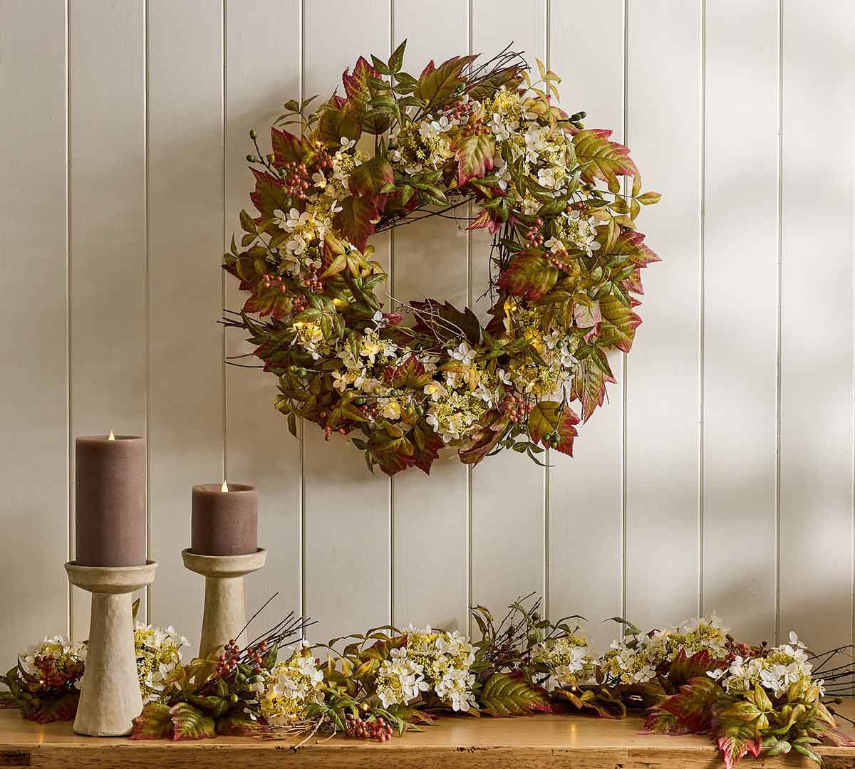 Pottery Barn Faux Oak Leaf and Hydrangea Wreath & Garland best fall garlands mantel floral