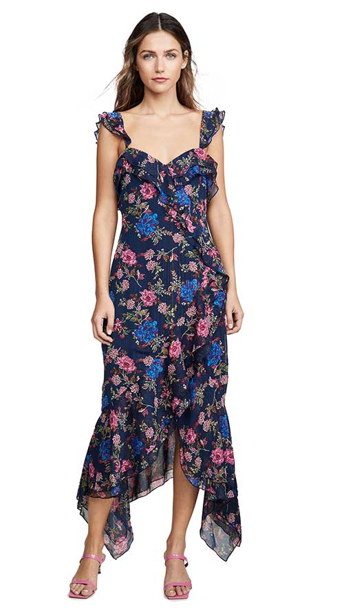 WAYF Issy Ruffle Strap Midi Dress Navy Floral Print fall dreses