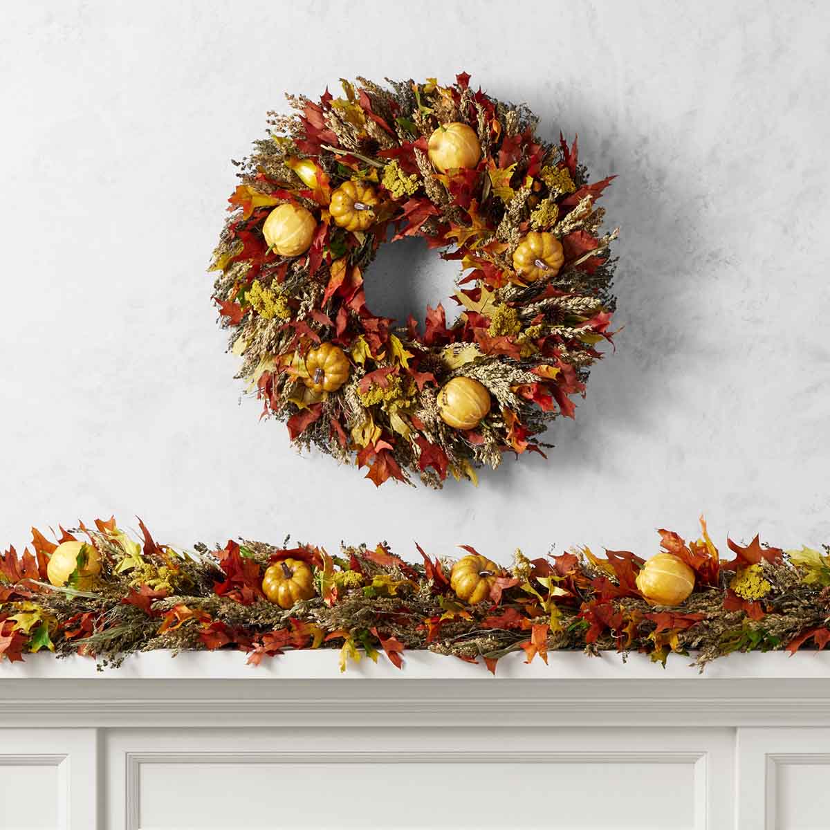 Williams Sonoma Pumpkin & Fall Leaves Live Wreath best fall garlands thanksgiving