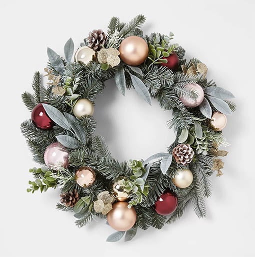 22in Mixed Artificial Pine Christmas Wreath with Shatterproof Ornaments Gold, Burgundy & Blush - Wondershop