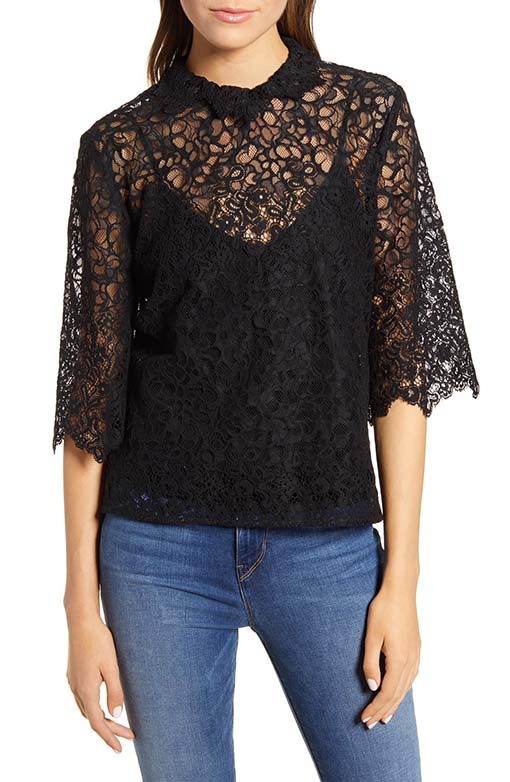 7 FOR ALL MANKIND Lace Scallop Sleeve Blouse Jet Black holiday party tops women
