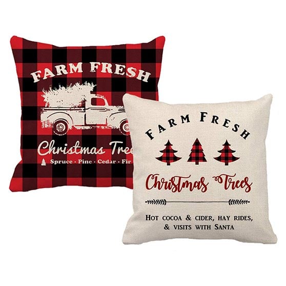 7ColorRoom 2pack Christmas Throw Pillow Covers Farmhouse Buffalo Check Plaid Truck Farm Fresh Christmas Tree Cushion Cover Holiday Home Decorative Pillowcases 18" x 18" for Sofa Couch(Christmas Truck) farmhouse holiday throw pillows